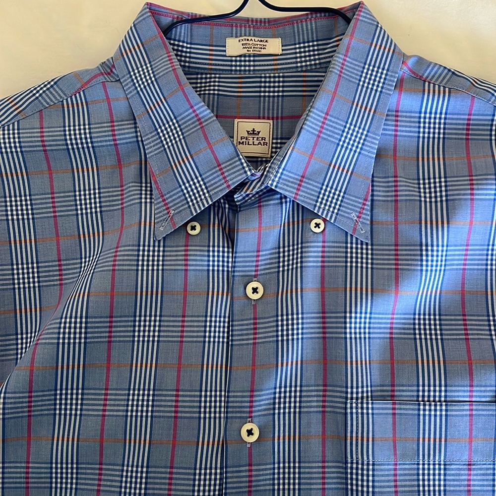 Peter Millar Blue and Pink Plaid Casual Button Down Shirt